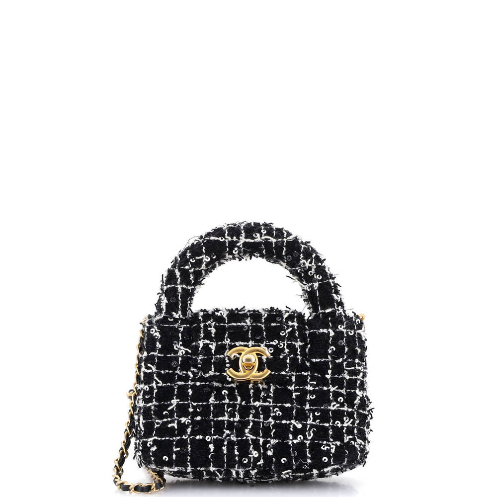 Chanel Nano Kelly Top Handle Shopping Bag Quilted Tweed with Sequins